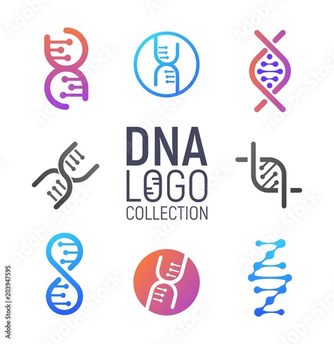 DNA vector logo collection isolated. Deoxyribonucleic acid logotype set. Modern simple microbiological icons on white background