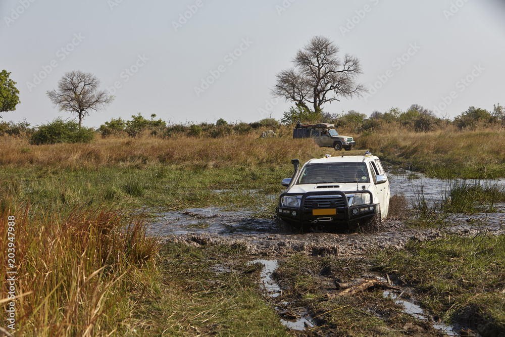 Geländewagen bei Flußdurchquerung, weißer Geländewagen, Wasserstelle,Botswana Namibia Simbabwe, 2 Geländewagen, safari