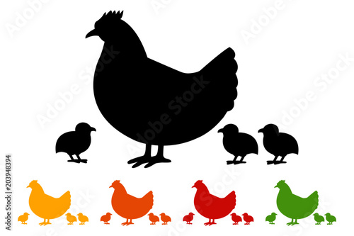 Hen with chicks icon, black silhouette on white background