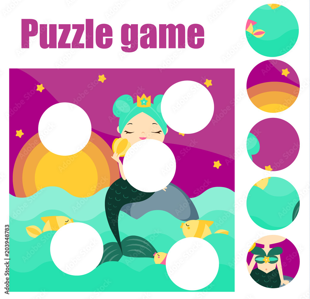 Puzzle for toddlers. Match pieces and complete the picture. Educational game for pre school years kids with mermaid