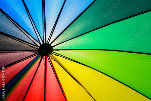 Bottom view of Rainbow umbrella texture background. Summer holiday and vacation concept.