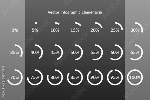 0 5 10 15 20 25 30 35 40 45 50 55 60 65 70 75 80 85 90 95 100 percent pie chart symbols. Percentage vector infographics. Illustration for business, marketing project, web design, download icons