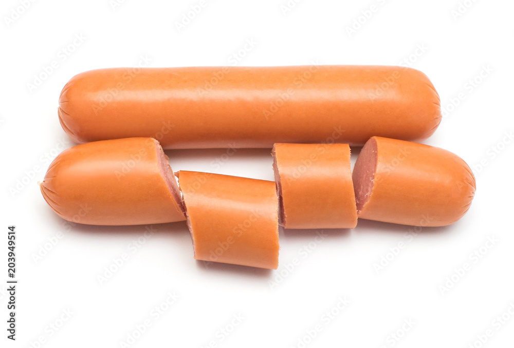 Sausages isolated on white background. Flat lay, top view Sausages isolated on white background. Flat lay, top view