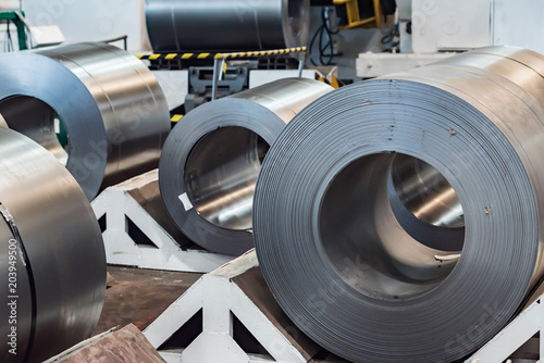 Stock with rolls of sheet steel in industrial plant