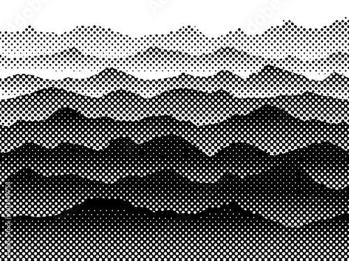 Black and white halftone mountains in the fog. Vector background.2