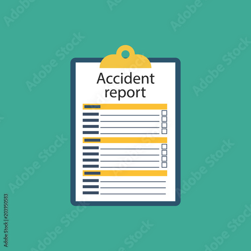 Accident report form. Man write application, pen and clipboard in hand. Template. Vector illustration flat design. Isolated on background.