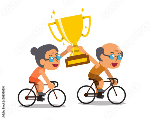 Vector cartoon sport senior couple riding bikes and holding big gold trophy cup award