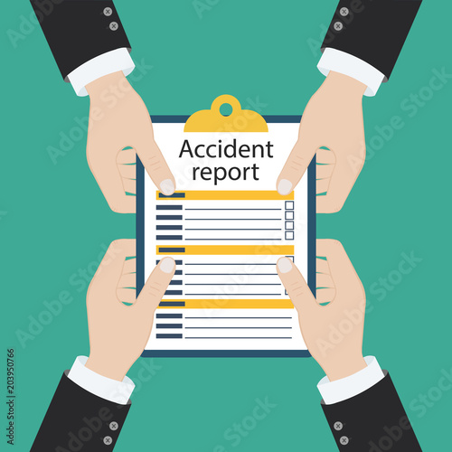 Accident report form. Man write application, pen and clipboard in hand. Template. Vector illustration flat design. Isolated on background.
