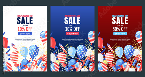 USA Independence Day. Sale vector banner. Holiday background with flag, air balloons, fireworks. 4 of July celebration
