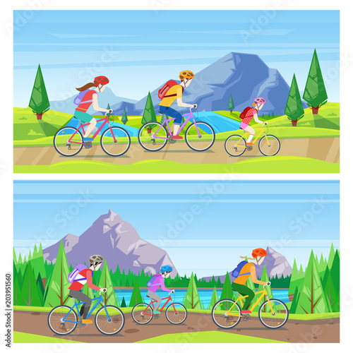 Family vacation, cycling and outdoors sports activity. Vector horizontal banner set. Mom, dad, kid riding bicycles