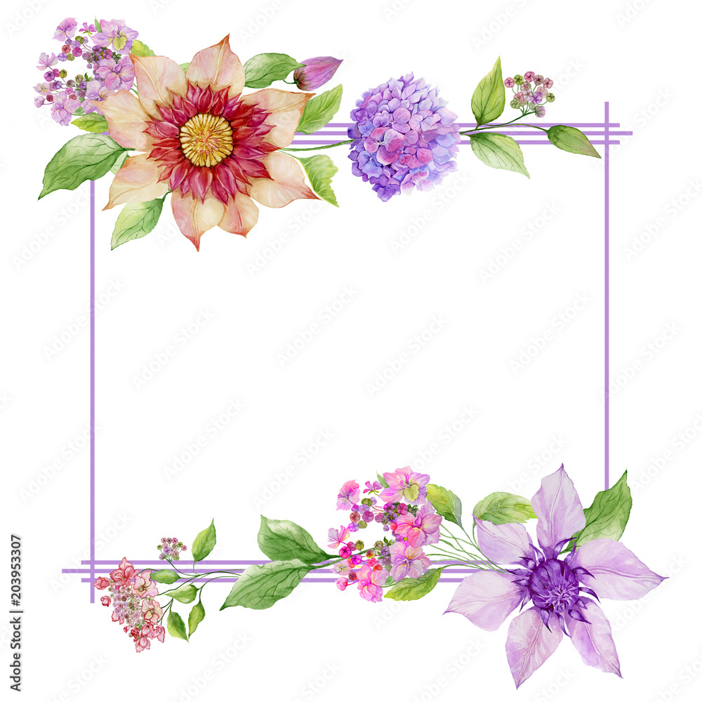 Beautiful floral border. Soft hydrangea and clematis flowers with green leaves on white background. Square frame with space for a text. Watercolor painting.