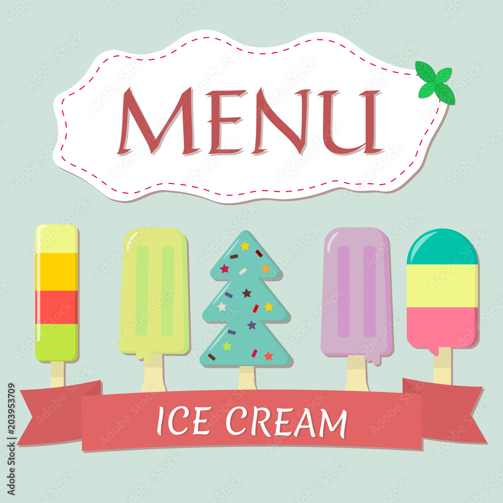 A set of five different sweet ice cream with red ribbon for menu design. Flat style, vector illustration.