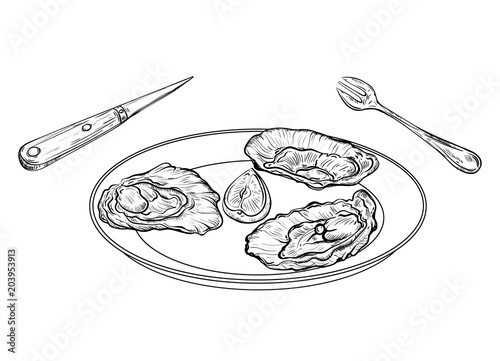 Dish with oysters and cutlery. Engraved style. Isolated on white background. Vector illustration 