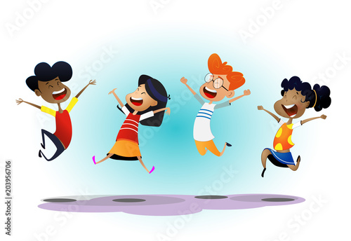 Happy school multiracial children joyfully jumping