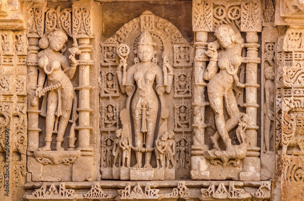 Sculptures of god and goddesses at Rani ki vav in Patan, Gujarat Sculptures of god and goddesses at Rani ki vav in Patan, Gujarat