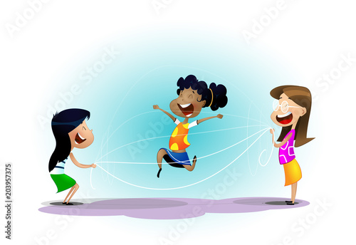 Happy school multiracial children joyfully jumping rope