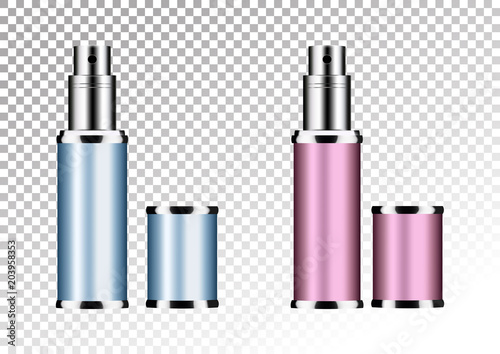 Wallpaper Mural Vector empty pink and blue package for cosmetic products tube and perfume flacon, bottle for deodorant, hair spray. Realistic mockup of metallic container isolated on white-transparent background. Torontodigital.ca