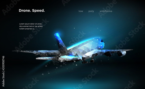 Airliner Aircraft Speed A flying airliner is a top view Illustration is executed in the form of particles, geometric art, lines and points in the form of a starry sky or space. Low poly wireframe mesh