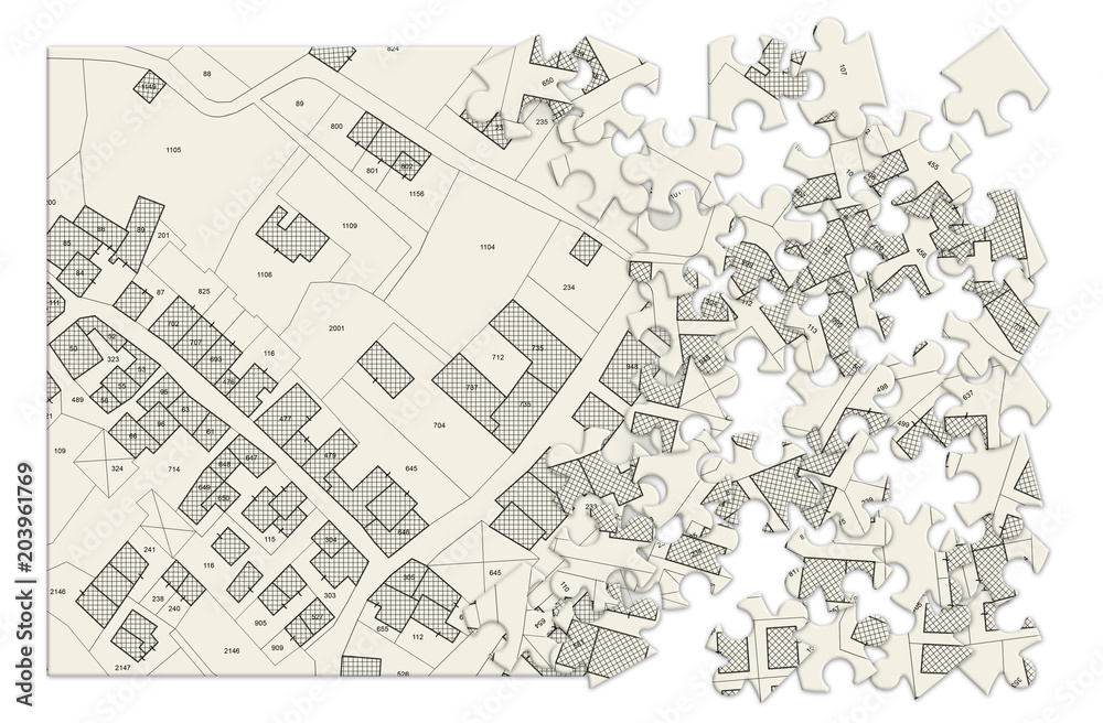 Imaginary cadastral map of territory with buildings and roads - concept image in jigsaw puzzle shape Imaginary cadastral map of territory with buildings and roads - concept image in jigsaw puzzle shape