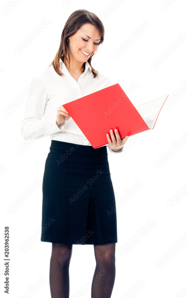 Full body of business woman with red folder, on white Full body of business woman with red folder, on white
