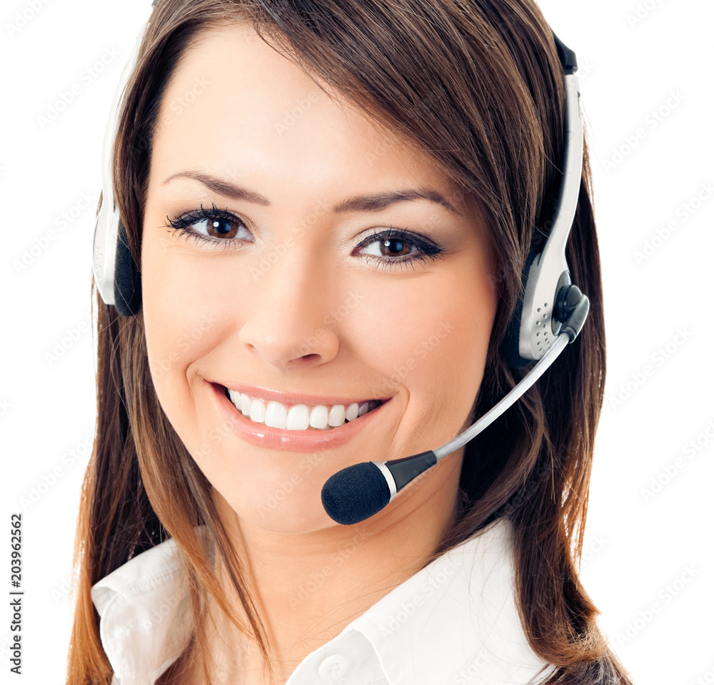 Smiling cheerful support phone operator in headset, isolated on white background Smiling cheerful support phone operator in headset, isolated on white background