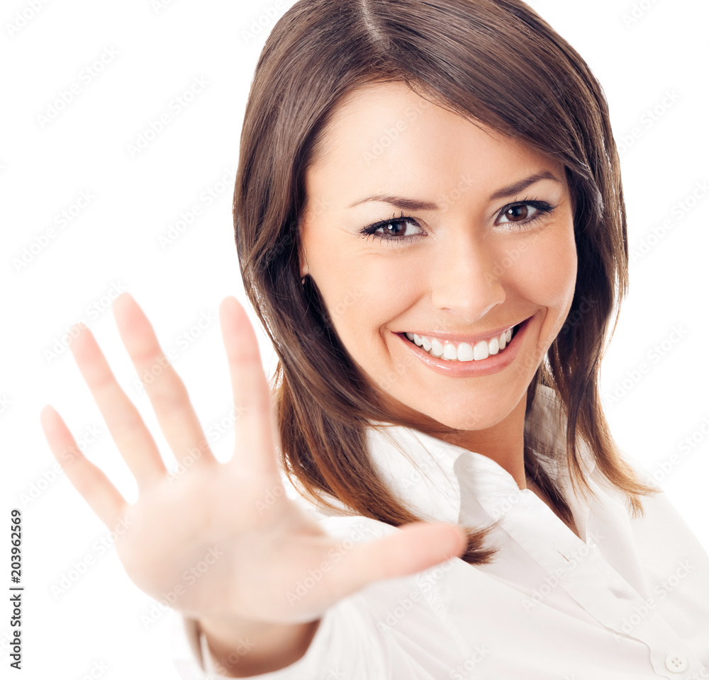 Young happy gesturing businesswoman, isolated on white Young happy gesturing businesswoman, isolated on white