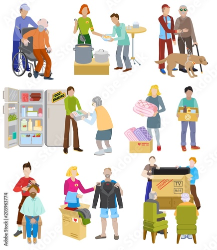 Charity vector volunteer people caring elderly disabled or blind characters and volunteering donation or welfare illustration set voluntary social community isolated on white background