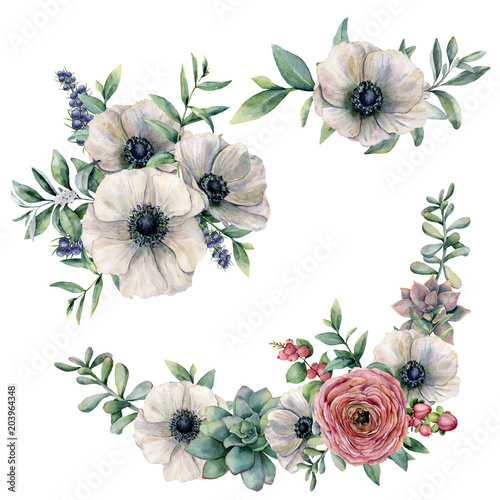 Watercolor white anemone, succulent and ranunculus bouquet set. Hand painted flower, eucalyptus leaves and berries isolated on white background. Illustration for design, fabric, print or background.