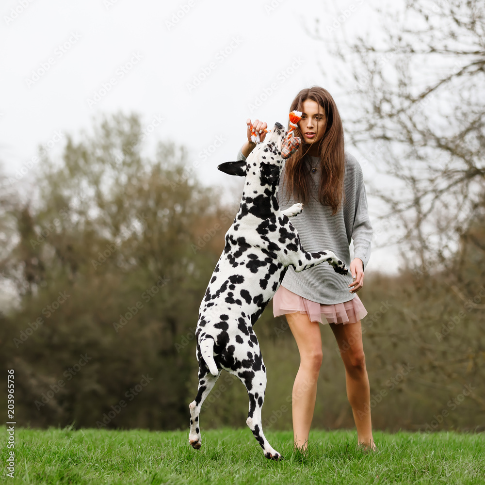 young woman plays with an Dalmatian dog outdoors