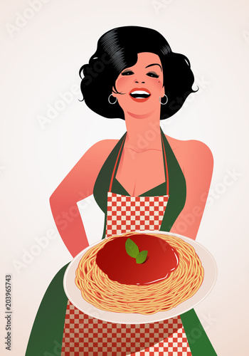 Beautiful Italian Cook showing spaghetti bolognese plate. She wears green dress and red checkered apron.