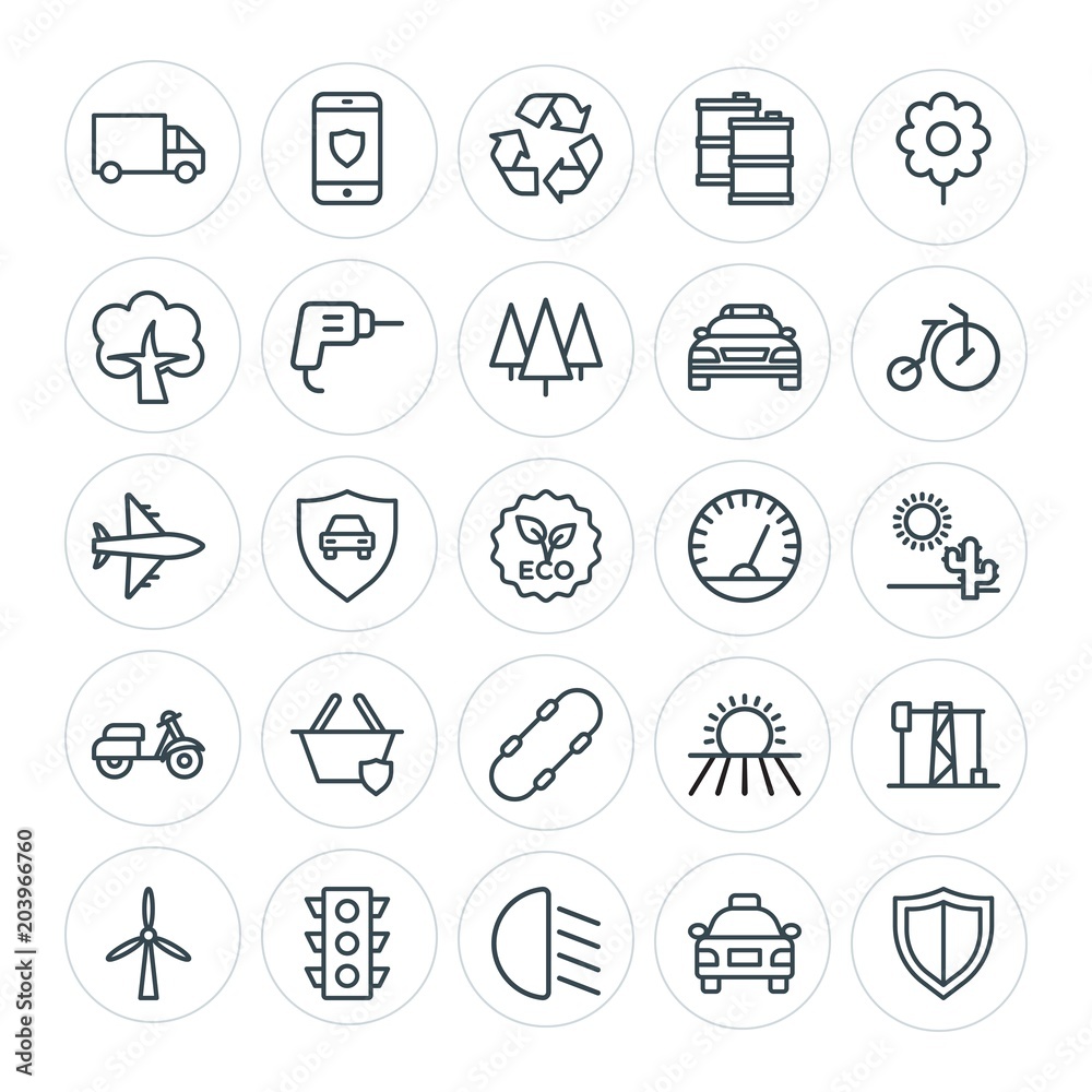 Modern Simple Set of transports, industry, nature, security Vector outline Icons. Contains such Icons as  auto, taxi,  green, shield,  cab and more on white background. Fully Editable. Pixel Perfect