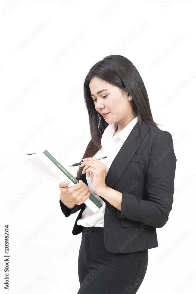 Young smiling business woman with a book isolated on white background. Young smiling business woman with a book isolated on white background.