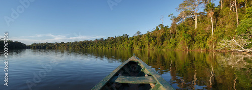 Canoe in the amazon forest, Peru. photo