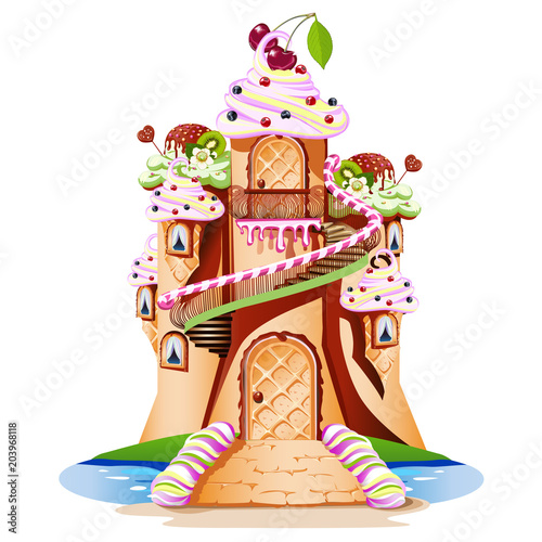 A fairytale castle with towers and a balcony made of sweets. Cheerful and tasty vector illustration.
