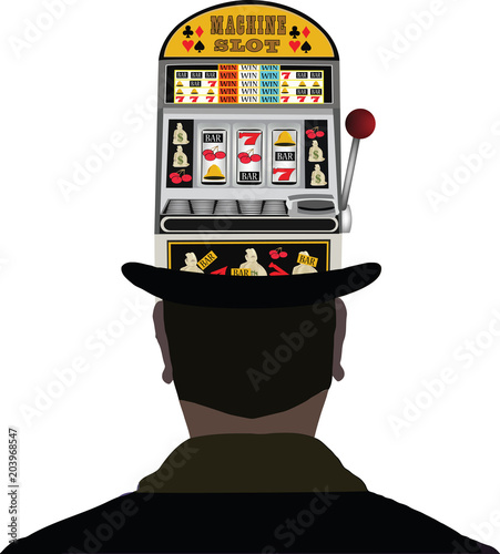 uomo di spalle con in testa slot machine