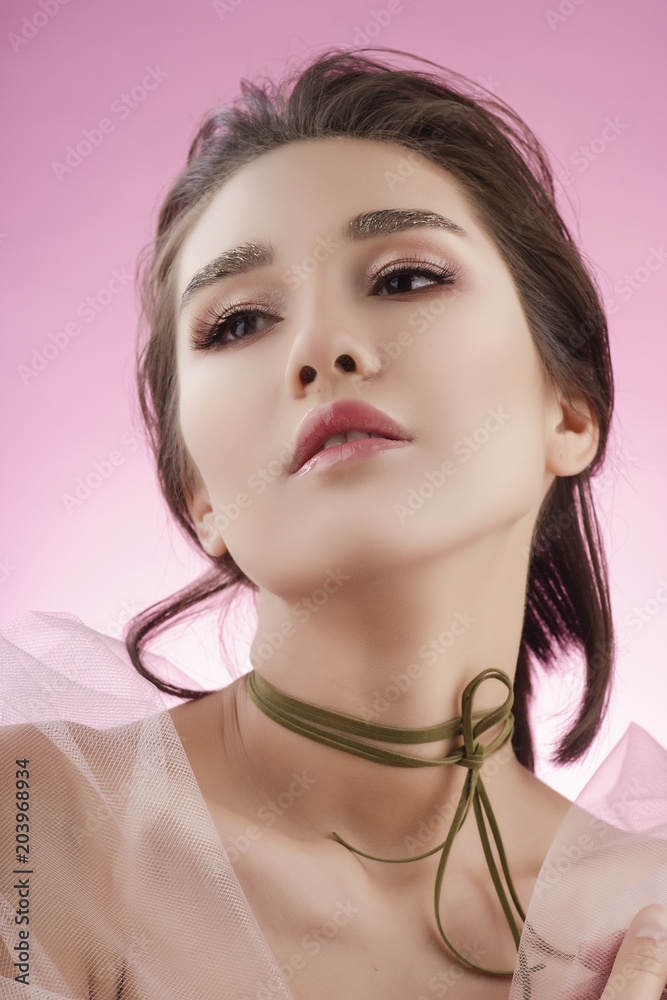 Close Up Asian Girls Nude - Closeup portrait of a beautiful young asian girl wearing pink veil on her  naked shoulders and a choker on her neck. Stock Photo | Adobe Stock