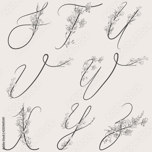 Vector Hand Drawn Flowered Alphabet Monogram and logo