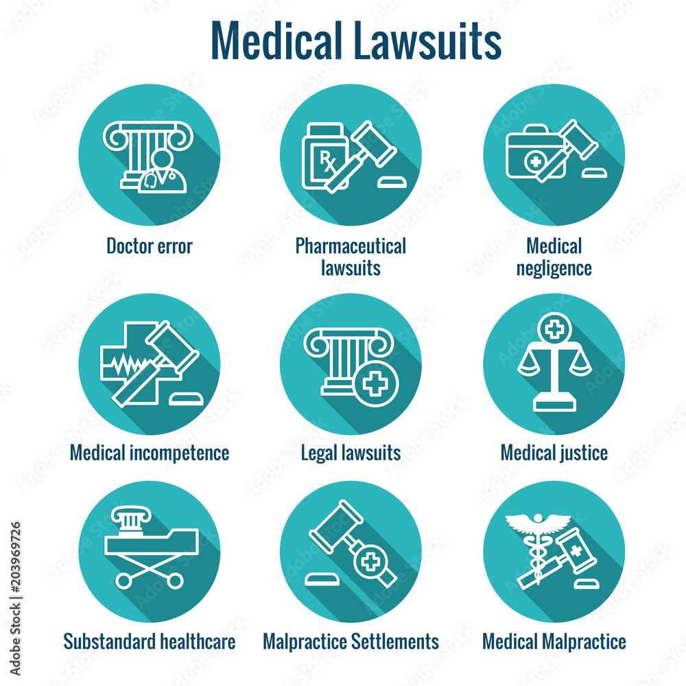 Medical Lawsuits with Pharmaceutical, negligence, & medical malpractice icon set