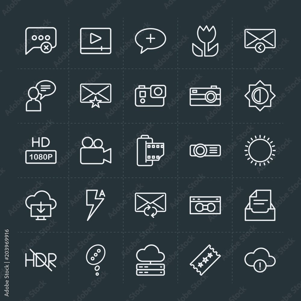 Modern Simple Set of cloud and networking, chat and messenger, video, photos, email Vector outline Icons. Contains such Icons as film, exit and more on dark background. Fully Editable. Pixel Perfect. Modern Simple Set of cloud and networking, chat and messenger, video, photos, email Vector outline Icons. Contains such Icons as film, exit and more on dark background. Fully Editable. Pixel Perfect.