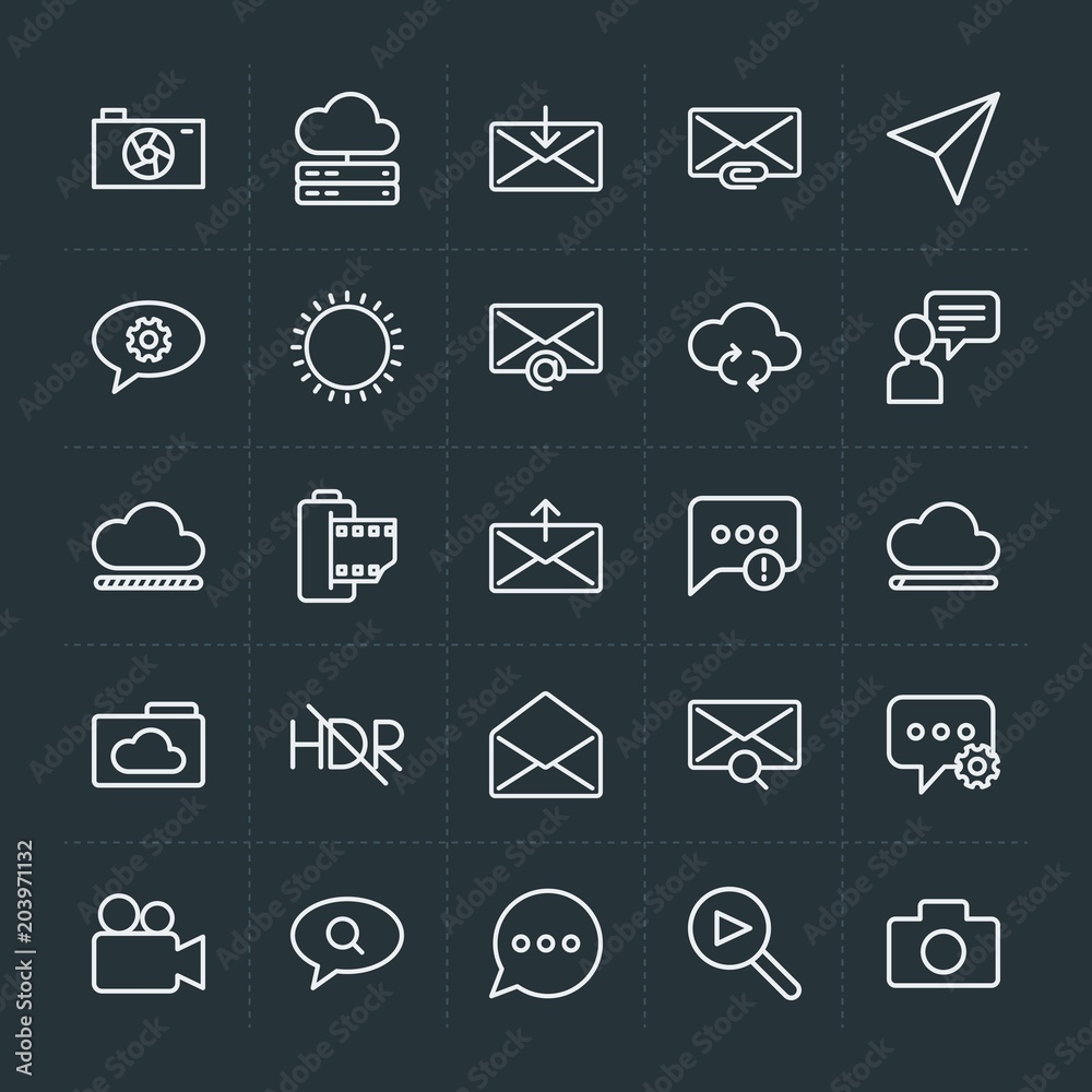 Modern Simple Set of cloud and networking, chat and messenger, video, photos, email Vector outline Icons. Contains such Icons as  phone and more on dark background. Fully Editable. Pixel Perfect.