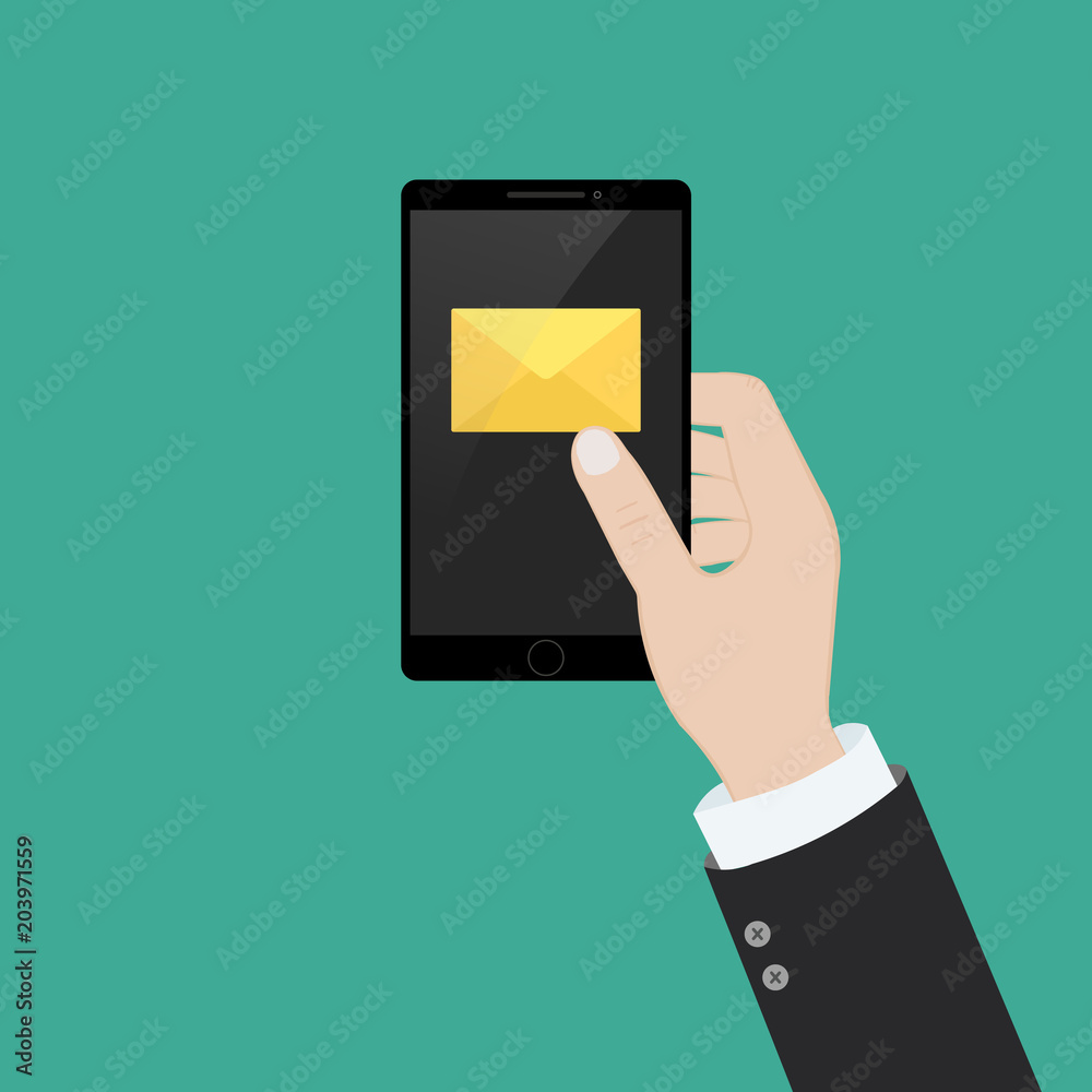 New email notification on mobile phone , smartphone screen with new unread e-mail message and read mail envelope icons. Vector illustration in flat style New email notification on mobile phone , smartphone screen with new unread e-mail message and read mail envelope icons. Vector illustration in flat style