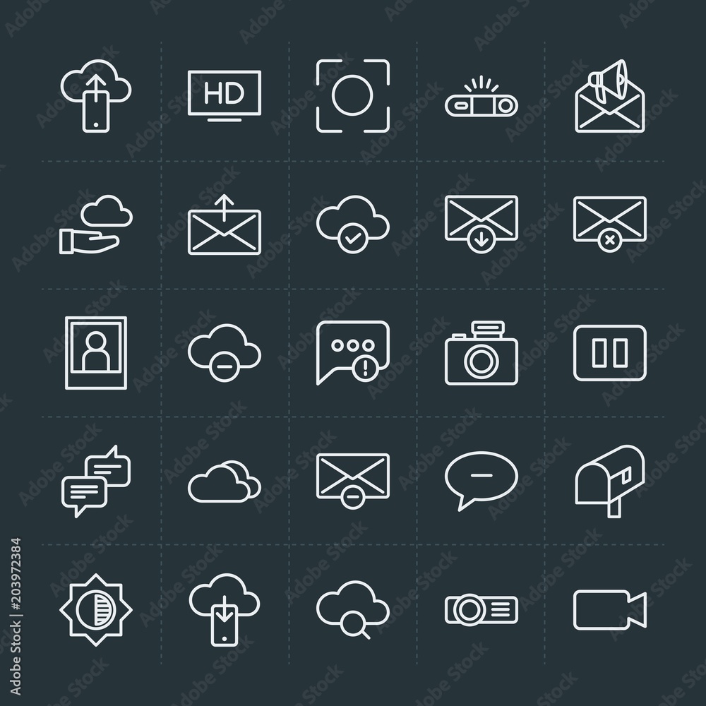Modern Simple Set of cloud and networking, chat and messenger, video, photos, email Vector outline Icons. Contains such Icons as camera, sky and more on dark background. Fully Editable. Pixel Perfect. Modern Simple Set of cloud and networking, chat and messenger, video, photos, email Vector outline Icons. Contains such Icons as camera, sky and more on dark background. Fully Editable. Pixel Perfect.