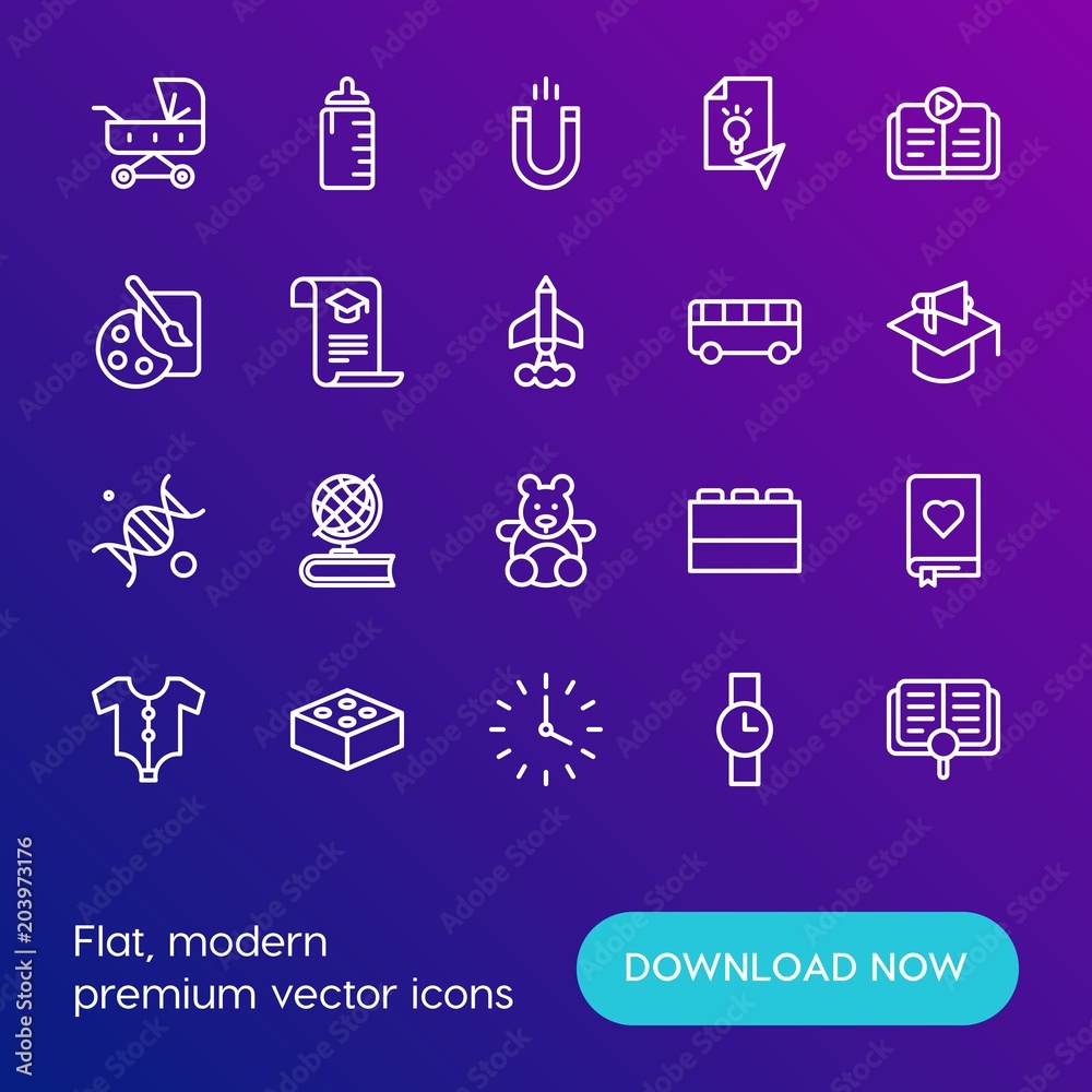 Modern Simple Set of time, education, kids and toys Vector outline Icons. Contains such Icons as watch, carriage, fashion, baby, food and more on gradient background. Fully Editable. Pixel Perfect. Modern Simple Set of time, education, kids and toys Vector outline Icons. Contains such Icons as watch, carriage, fashion, baby, food and more on gradient background. Fully Editable. Pixel Perfect.