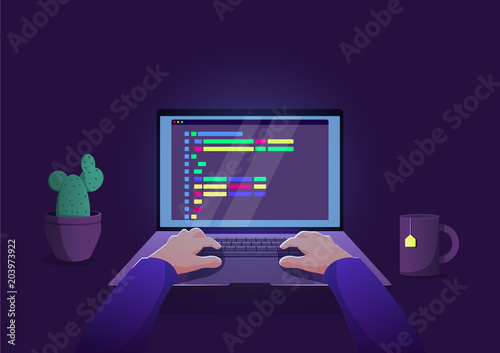 Man programmer working on computer with code on screen illustration.