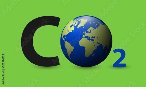 CO2 carbon dioxide with realistic earth planet logo vector icon isolated on green background.