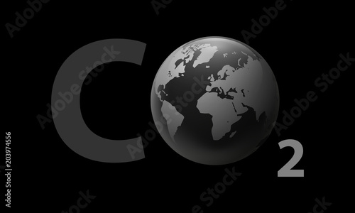 CO2 carbon dioxide with realistic earth planet logo vector icon isolated on black background.