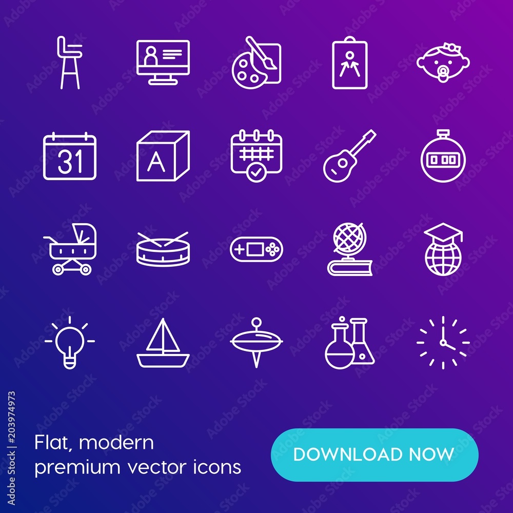 Modern Simple Set of time, education, kids and toys Vector outline Icons. Contains such Icons as education, baby, globe, round, rock and more on gradient background. Fully Editable. Pixel Perfect. Modern Simple Set of time, education, kids and toys Vector outline Icons. Contains such Icons as education, baby, globe, round, rock and more on gradient background. Fully Editable. Pixel Perfect.