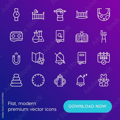 Modern Simple Set of time, education, kids and toys Vector outline Icons. Contains such Icons as  day, book, schedule,  class, dice, bed and more on gradient background. Fully Editable. Pixel Perfect.