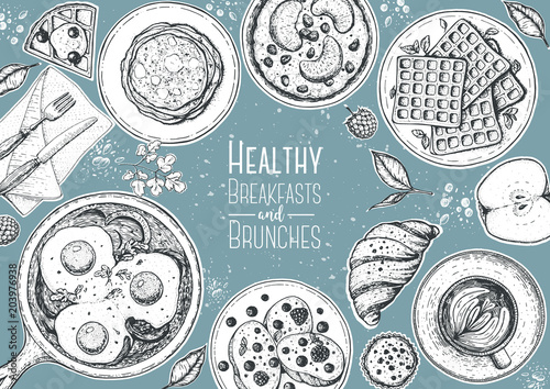 Breakfasts top view frame. Morning food menu design. Breakfast and brunches dishes collection. Vintage hand drawn sketch, vector illustration. Engraved style.