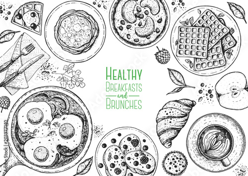 Breakfasts top view frame. Morning food menu design. Breakfast and brunches dishes collection. Vintage hand drawn sketch, vector illustration. Engraved style.